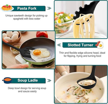 TeamFar Silicone Cooking Utensil Set of 7, Black Kitchen Nonstick Tools Turner Spoon Spatula Ladle Pasta Server for Nonstick Cookware, Healthy & One-Piece, Anti-Heat & Dishwasher Safe - Image 5