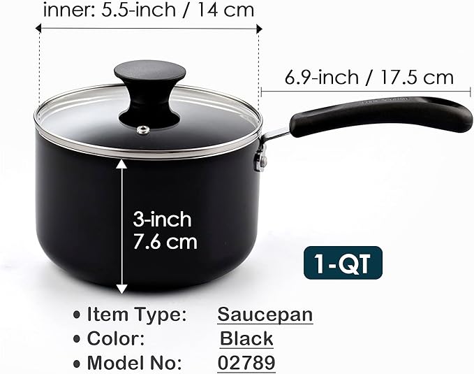 Cook N Home Nonstick Sauce Pan with Glass Lid, 1-Quart Saucepan Non Stick Small Cooking Milk Aluminum Pot, Black - Image 2