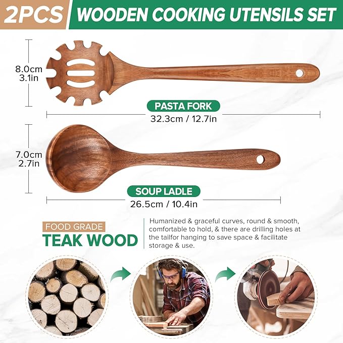Wooden Spoons for Cooking,2 Pcs Wooden Utensil Set of Soup Ladle &Spaghetti Pasta Spoon with Teeth, Teak Wood Soup Ladle&Slotted Pasta Fork Strainer Spoon Set for Serving Collecting Noodle Gravy Sauce - Image 2