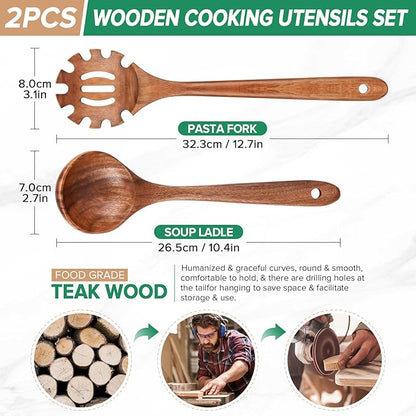 Wooden Spoons for Cooking,2 Pcs Wooden Utensil Set of Soup Ladle &Spaghetti Pasta Spoon with Teeth, Teak Wood Soup Ladle&Slotted Pasta Fork Strainer Spoon Set for Serving Collecting Noodle Gravy Sauce - Image 2