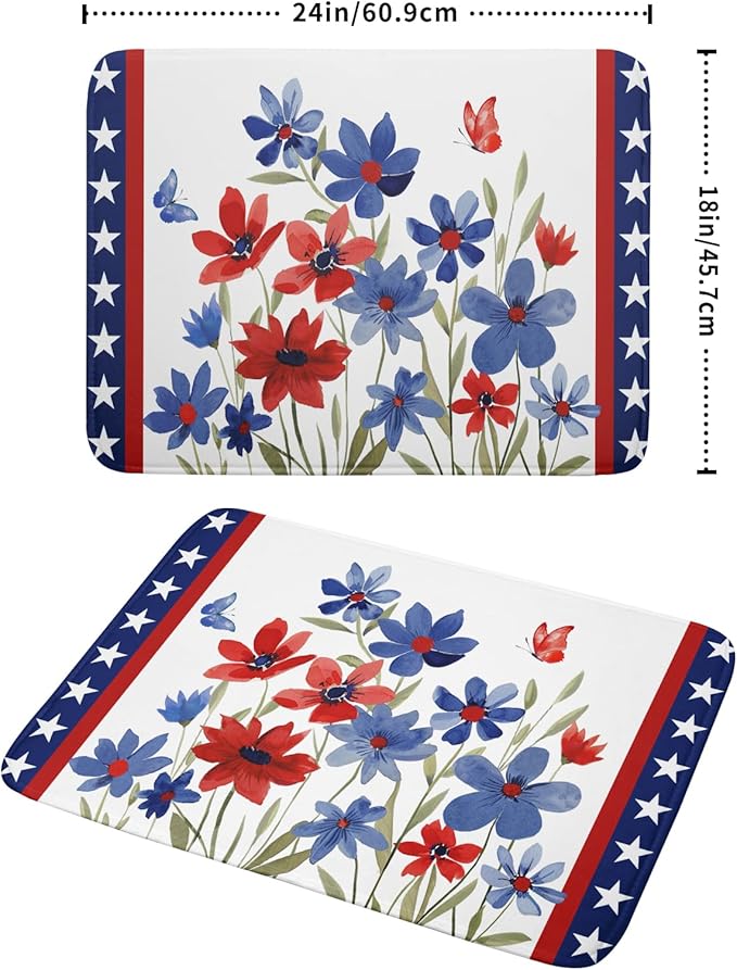 Giwawa 4th of July Flower Dish Drying Mat 18"x24" Independence Day Stars Dish Drainer Mats Watercolor Patriotic Floral Microfiber Dish Drying Rack Pad for Kitchen Countertop Large Decor