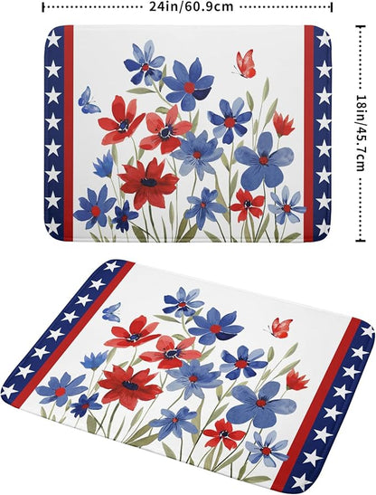 Giwawa 4th of July Flower Dish Drying Mat 18"x24" Independence Day Stars Dish Drainer Mats Watercolor Patriotic Floral Microfiber Dish Drying Rack Pad for Kitchen Countertop Large Decor