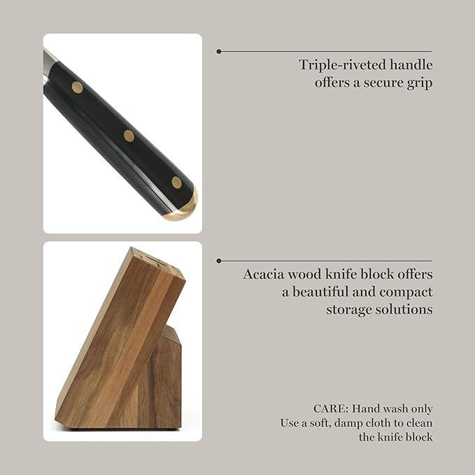 Martha Stewart 16-Piece Lockton High Carbon Stainless Steel Knife Block Set - Forged Full Tang Chef Knives, Acacia Wood Block, Triple Riveted Handles, Black & Gold - Image 6