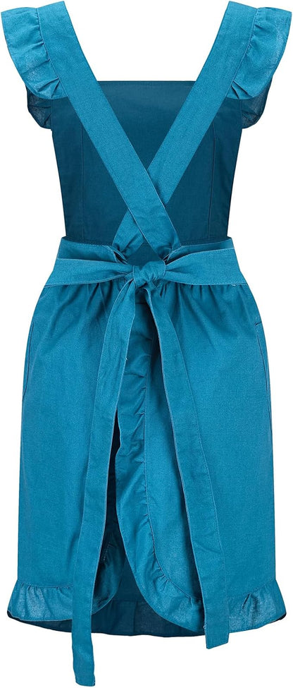 Hyzrz Retro Adjustable Ruffle Aprons with Pockets for Women Girls Vintage Cross Back Pinafore Dress Maid Costume Apron