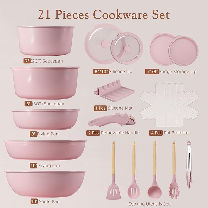 Astercook 21 Pcs Pots and Pans Set Non Stick, Ceramic Cookware Set Detachable Handle, RV Kitchen Cooking Set Removable Handles, Oven Safe, Induction Ready, Stackable, Pink, Mothers Day Gifts - Image 9