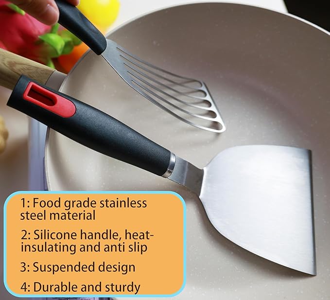KLAQQED Spatula Set Stainless Steel Kitchen Metal Spatula for Cast Iron Skillet with Silicone Handle, Fish Spatula Turner Flipper for Pancake Burger Egg Cooking Spatulas BBQ Grill Griddle
