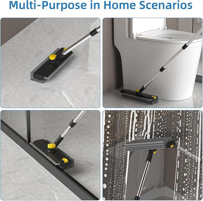 Scrub Brush with Long Handle, Floor Scrub Brush Squeegee Broom for Cleaning, 3 in 1 Shower Scrubber Floor Broom Squeegee for Concrete Tile Wall Deck Patio Special Black