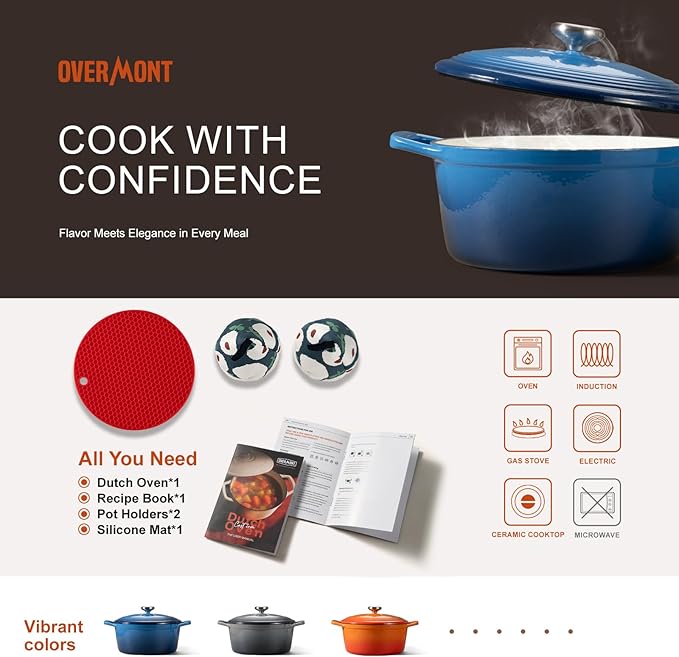 Overmont Enameled Cast Iron Dutch Oven - 5.5QT Pot with Wide Handles Lid Cookbook & Cotton Potholders - Heavy-Duty Pre-Seasoned Cookware Oven Safe to 500°F for Braising, Stews, Roasting, Sourdough Baking - Image 6