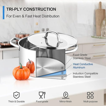 Homikit 5 Quart Stock Pot, Stainless Steel Soup Cooking Pot with Lid for Pasta Sauce Simmering Steaming Stewing, Tri-ply Heavy Bottom Induction Pot, Dishwasher Safe - Image 3