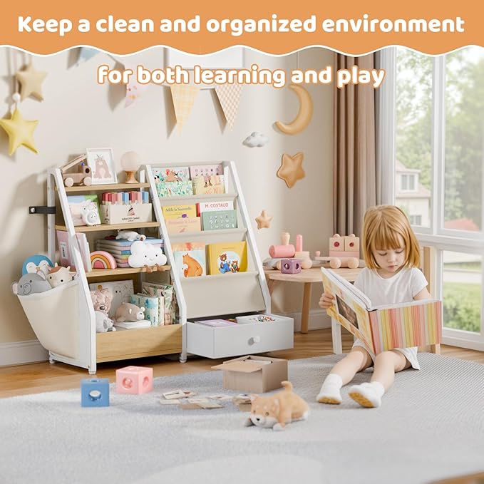 HAVLOTII Kids Bookshelf and Toy Storage - Book Shelf for Kids Rooms, Toddler Bookshelf Baby Bookcase for Nursery, Montessori Toy Organizer, Burlywood