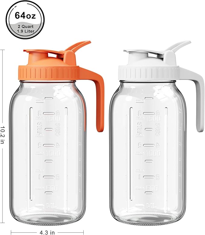 2 Pack Glass Mason Jar Pitcher with Lid, 64 oz (2 Quart) Leakproof Water Pitcher with Handle for Sun Tea, Cold Brew, Milk & Juice, White & Orange - Image 2