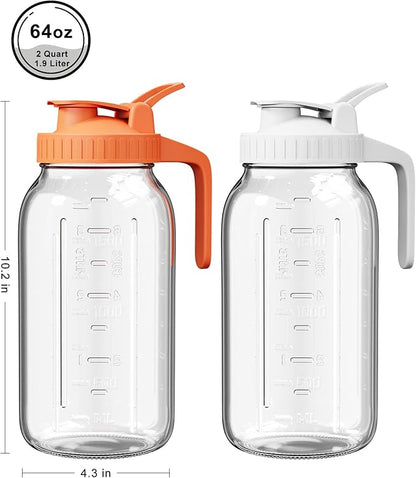 2 Pack Glass Mason Jar Pitcher with Lid, 64 oz (2 Quart) Leakproof Water Pitcher with Handle for Sun Tea, Cold Brew, Milk & Juice, White & Orange - Image 2