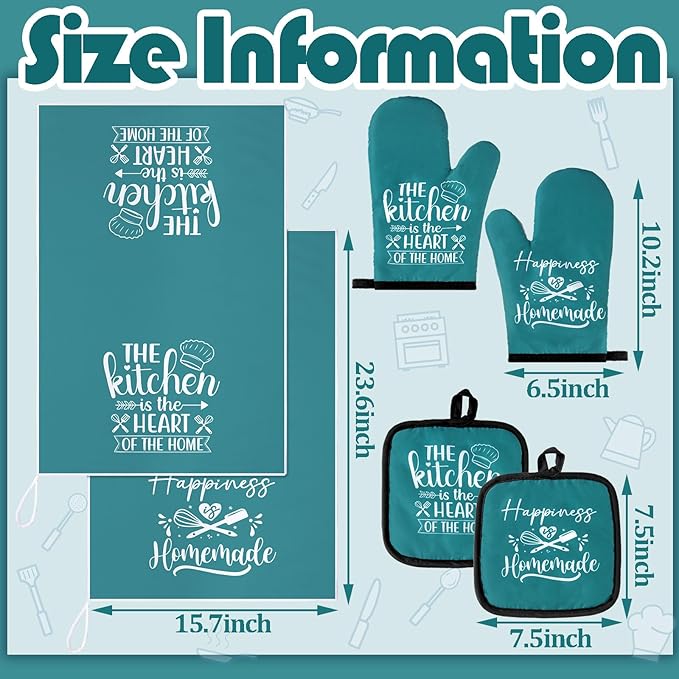 Sratte 6 Pcs Kitchen Decor Accessories Set Farmhouse Towels Pot Holders Oven Mitts Set 2 Dish Towels 2 Potholders 2 Cooking Mittens Oven Glove for Christmas Baking Cooking Supply(Teal,Kitchen) - Image 4