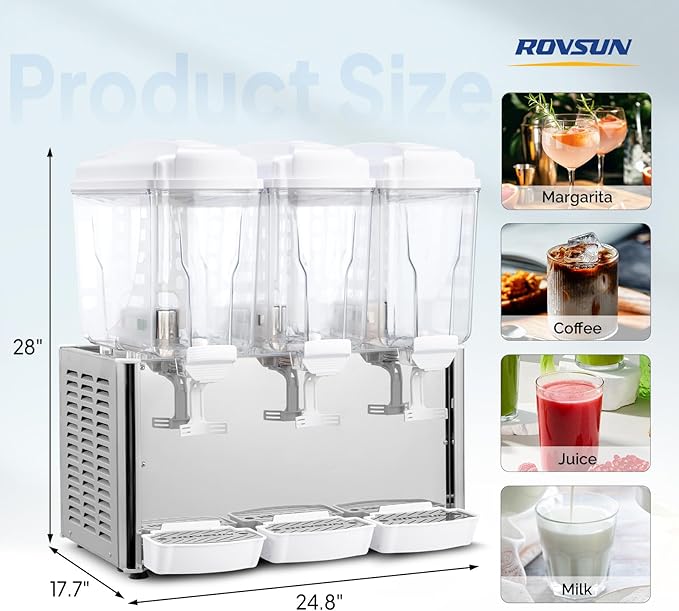 ROVSUN 14.4 Gallon/54L Commercial Beverage Dispenser Drink Dispenser, 18L X 3 Tanks Commercial Juice Dispenser Stainless Steel with Thermostat Controller for Home Restaurant Bar Party 110V/60HZ - Image 8