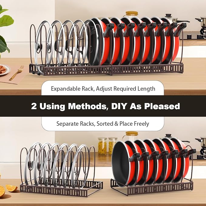 Housolution Pot and Pan Organizer Rack for Cabinet, Expandable Pot Lid Organizer with 15 Adjustable Dividers, Pan Holder Storage Rack for Kitchen Cabinet, Bronze - Image 4