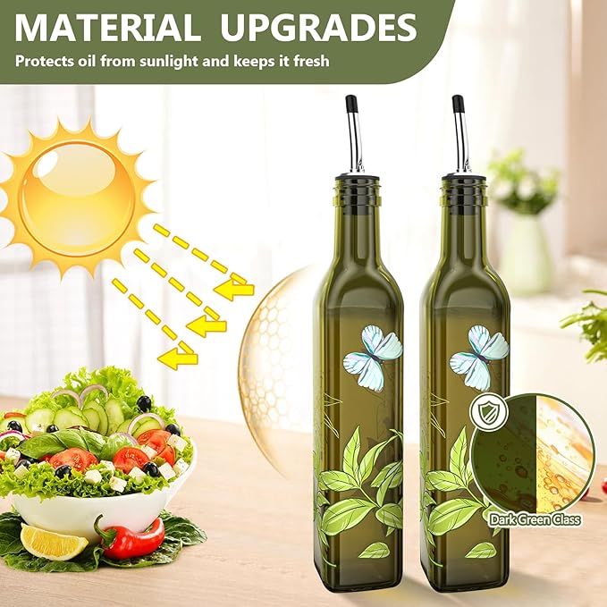 COOLMI Oil and Vinegar Dispenser Set - 17oz/500ML Premium Glass Olive Oil Dispenser Bottles for Kitchen, Oil Dispenser for Kitchen (Butterfly) - Image 2