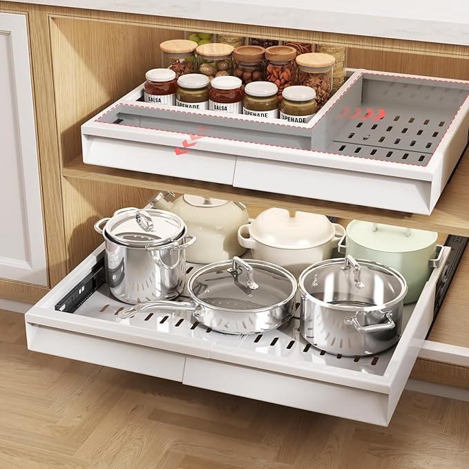 Seinloes 2 Pack Pull Out Cabinet Organizer With Raising Pad for Framed Cabinets,Expandable Width (13"-21") and Depth (13"-17"),3 Slide Rails Slide Out Drawers with Handle,No-Drill Roll Out Shelf,White by Seinloes