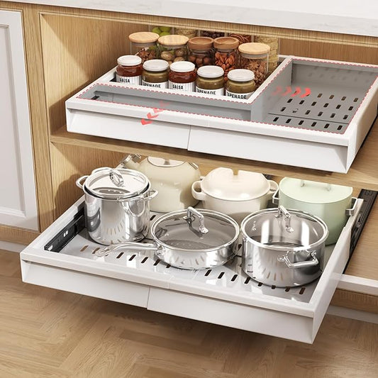 Seinloes 2 Pack Pull Out Cabinet Organizer With Raising Pad for Framed Cabinets,Expandable Width (13"-21") and Depth (13"-17"),3 Slide Rails Slide Out Drawers with Handle,No-Drill Roll Out Shelf,White by Seinloes