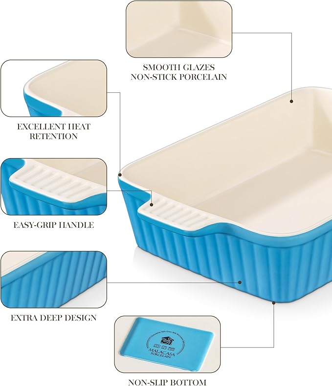 MALACASA 4.4 QT Baking Dish, 9x13 Large Casserole Dish for Oven, Ceramic Baking Pan, Rectangular Lasagna Pan Deep with Handles for Baking, Durable Microwave Oven Safe, Blue, Series BAKE-BAKE - Image 5