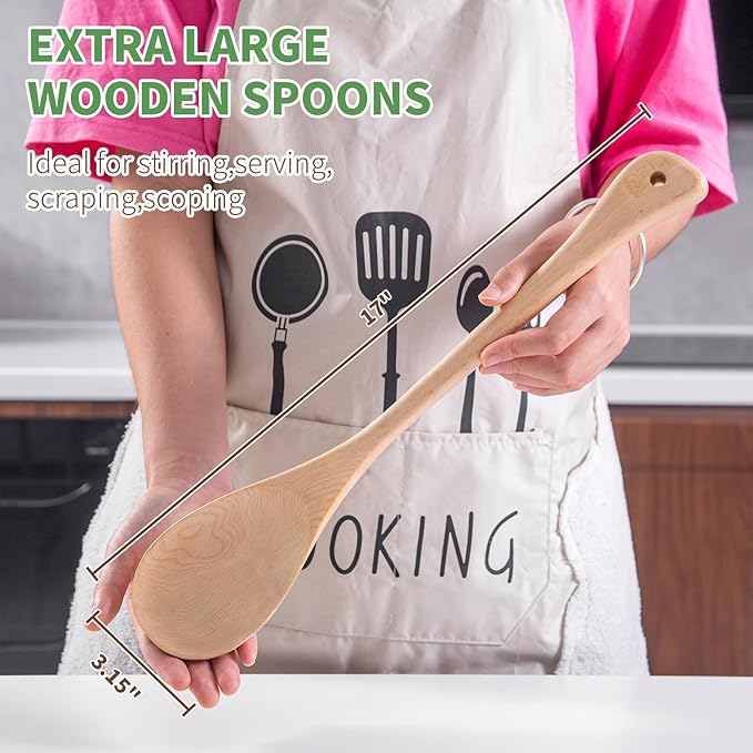 Wooden Cooking Spoon Extra Large Wooden Spoons for Cooking, Lengthened Wood Spoon Cooking Mixing for More Protection Spoon Wooden Cooking Utensils for Nonstick Cookware Hard maple wood