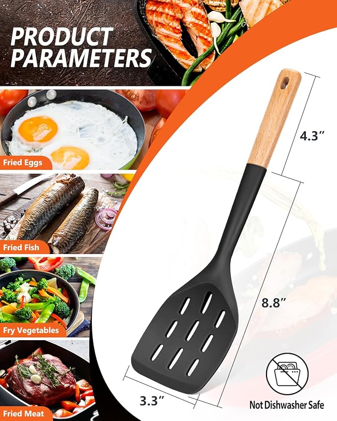 Pack of 2 Silicone Spatula, Non Stick Cooking Utensil Set Wooden Handle Kitchen Turner for Baking Mixing Grilling Serving Food Heat Resistant Non Scratch Hooks Included (Black) - Image 2