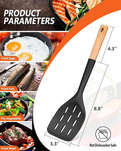Pack of 2 Silicone Spatula, Non Stick Cooking Utensil Set Wooden Handle Kitchen Turner for Baking Mixing Grilling Serving Food Heat Resistant Non Scratch Hooks Included (Black) - Image 2