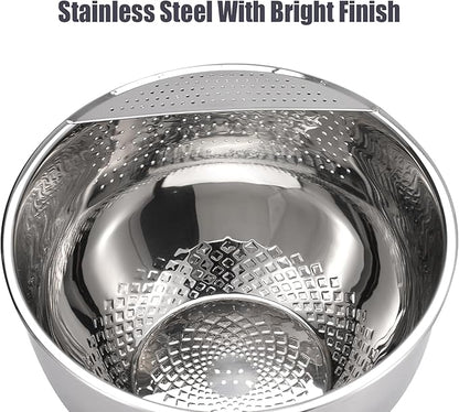 Rice Washer Strainer Bowl Quinoa Washing Bowl Stainless Steel Colander Versatile Side Drainers for Cleaning Rinsing Fruits, Vegetables, and Beans - Tilting Non-slip Silicone Bottom