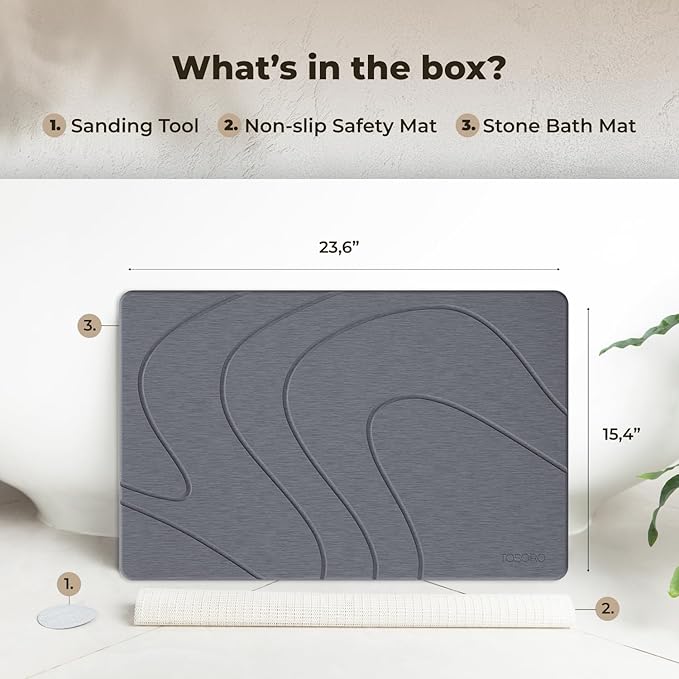 TOSORO - Stone Bath Mat Diatomaceous Earth Shower Mat Non-Slip Super Absorbent Diatomite Stone Bath Mats for Bathroom Floor Quick Drying Natural Easy to Clean (23.5 x 15) - Graphite