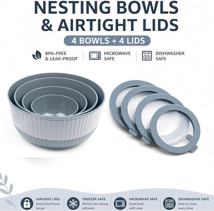 Mixing Bowls with Lids, 8-Piece Airtight Leak-Proof Nesting BPA-Free Bowl Set for Kitchen & Food Storage, Large 4200ml Capacity, Microwave & Dishwasher Safe