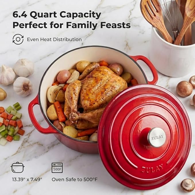 Zulay Kitchen 6.4QT Enameled Cast Iron Dutch Oven Pot with Lid, Heavy-Duty Soup Pot for Stews, Braising, Roasting & Sourdough Bread Baking, Oven Safe up to 500°F - Ablaze Red - Image 5