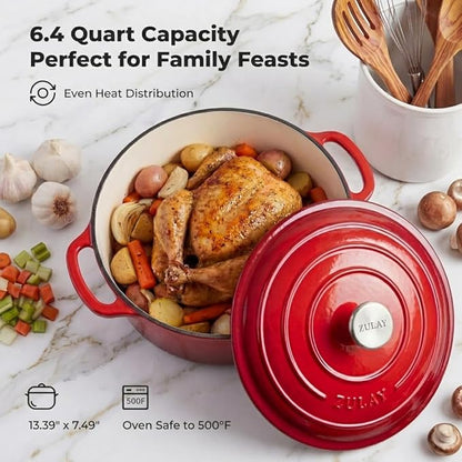 Zulay Kitchen 6.4QT Enameled Cast Iron Dutch Oven Pot with Lid, Heavy-Duty Soup Pot for Stews, Braising, Roasting & Sourdough Bread Baking, Oven Safe up to 500°F - Ablaze Red - Image 5