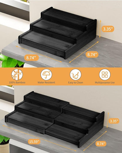 VenDotbi Spice Rack, 3-Tier Expandable Bamboo Spice Rack Organizer for Cabinet - Kitchen, Pantry and Cupboard Storage Organizer-Black - Image 4