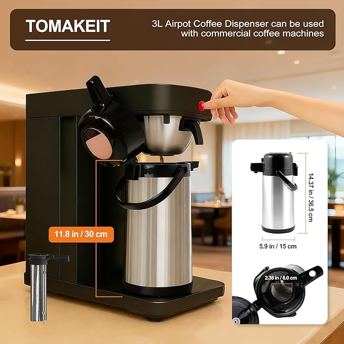TOMAKEIT Airpot Coffee Dispenser with Pump,102 OZ/ 3L Large Coffee Dispenser with Tea Filter for Party Hot Drinks Water Tea Chocolate Hot/Cold Water, Insulated Stainless Steel Thermal Carafes - Image 5
