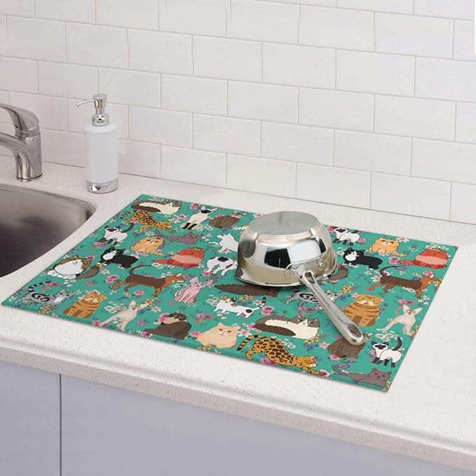 Cat Dish Drying Mat For Kitchen Microfiber Drying Mats Absorbent Reversible Dish Pad Draining Mats For Countertop Coffee Mats 18x24 Inch