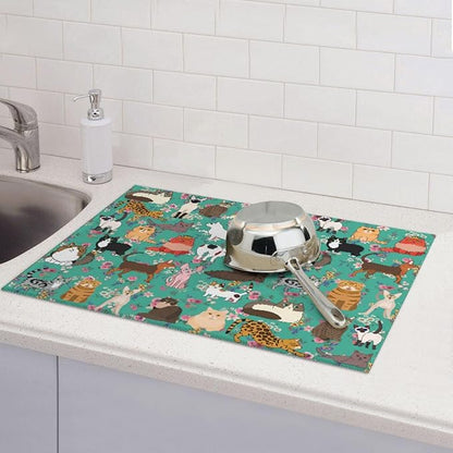 Cat Dish Drying Mat For Kitchen Microfiber Drying Mats Absorbent Reversible Dish Pad Draining Mats For Countertop Coffee Mats 18x24 Inch