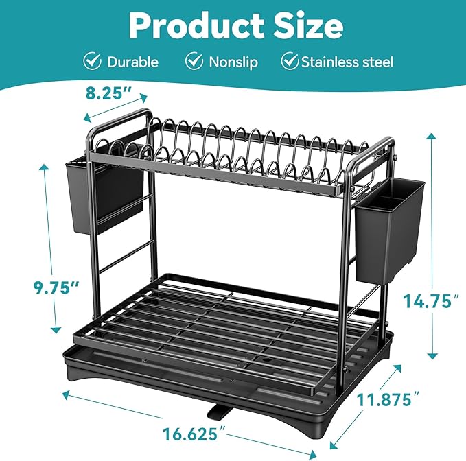 Simple Trending Dish Drying Rack, 2-Tier Dish Rack for Kitchen Counter, Large Dish Drainers Sink Organizers and Storage, Black - Image 2