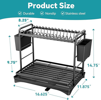 Simple Trending Dish Drying Rack, 2-Tier Dish Rack for Kitchen Counter, Large Dish Drainers Sink Organizers and Storage, Black - Image 2