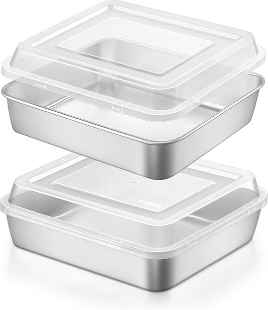 LIANYU 8 x 8 Square Baking Pan with Lid, 8 Inch Stainless Steel Cake Baking Pan Set of 2, Bread Cake Brownie Metal Bakeware Set, Heavy Duty & Dishwasher Safe (2 Pans + 2 Lids)