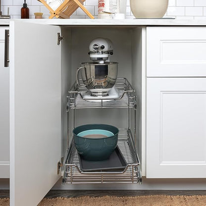Household Essentials Glidez Multipurpose Chrome-Plated Steel Pull-Out/Slide-Out Basket Storage Organizer for Under Cabinet Use - 2-Tier Design - Fits Standard Size Cabinet or Shelf, Chrome