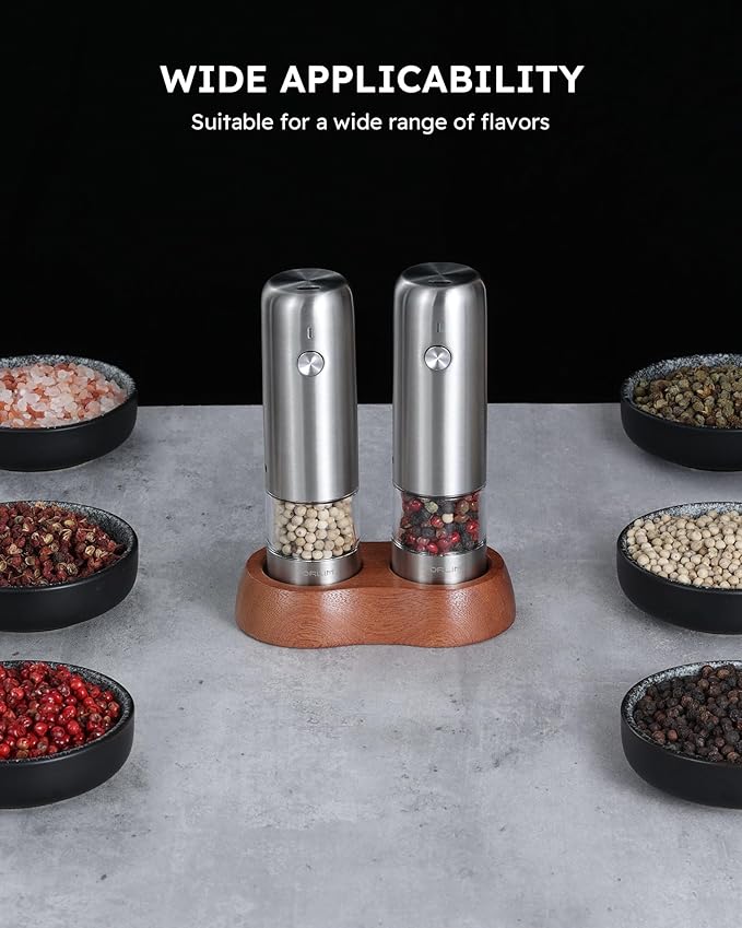 FORLIM Mini Electric Salt and Pepper Grinder Set with Wood Base, USB Rechargeable, Small Automatic Salt Pepper Mill Grinder, Travel/Outdoor BBQ/Children, One-Button Control (2 Packs, Stainless Steel) - Image 2