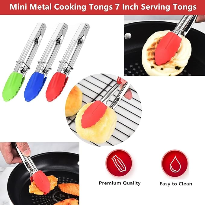 Mini Kitchen Tongs with Silicone Tips, 3-Piece Set, 7-Inch Non-Stick Tongs with Stainless Steel Silicon Handles, Heat Resistant for Cooking and Serving (Black) - Image 5