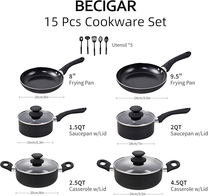 BECIGAR Black Ceramic Pots and Pans Set, 15PCS Nonstick Set Ceramic Cookware Set, Nonstick Pan Pots and Pans Set Non Stick Cookware set - Image 2