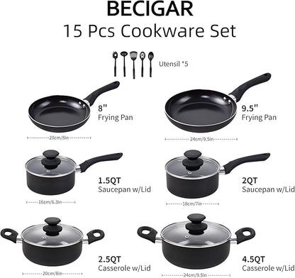 BECIGAR Black Ceramic Pots and Pans Set, 15PCS Nonstick Set Ceramic Cookware Set, Nonstick Pan Pots and Pans Set Non Stick Cookware set - Image 2