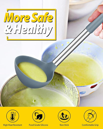 Pack of 2 Ladle Spoon,Silicone Large Spoon for Soup,Non Stick Kitchen Utensils with High Heat Resistant,BPA Free Perfect Kitchen Tools for Cooking, Stirring,Serving Soups (GREY-BLUE) - Image 4