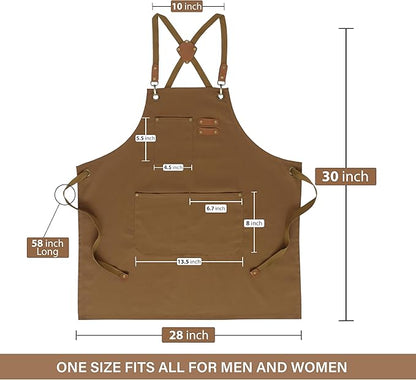 RUVANTI Work Aprons for Men, Oil & Water Repellent, PolyCotton Cross Back Aprons for Women with Pockets, Adjustable up to XXL, Chef Aprons for Cooking, Grilling, Welding, Woodworking - Brown Aprons