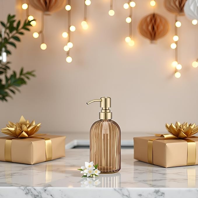 16 OZ Amber Glass Soap Dispenser, Amber Stripe Bathroom Hand Soap Dispensers with Stainless Steel Brushed Gold Pump,Brown Glass Kitchen Hand Soap Dispenser with Brushed Gold Pump