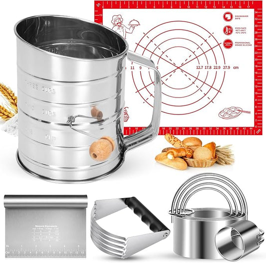 9PCS Stainless Steel Pastry Blender Set, 3 Cup Flour Sifter, Biscuit Cutter, Pastry Cutter, Dough Cutter, Silicone Baking Mats, for Cooking Cookies and Donuts, Cakes, Biscuits or Making Pancakes by ARTOSHIN