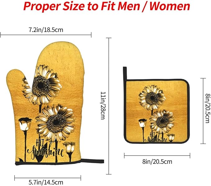 Sunflower Oven Mitts and Pot Holders Sets, Heat Resistant Gold Kitchen Oven Glove for Kitchen BBQ Baking Grilling Cooking, Sunflower Gifts for Women Cooks Bakers Cooking Lover - Image 4