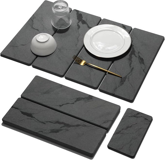 Large Stone Dish Drying Mat for Kitchen Counter, 2 PCS Quick Dry Stone Mats, Foldable Water Absorbing Diatomaceous Earth Drying Dishes Pad for Countertop Bottles Utensils Cup(Dark gray 24"x16"&8"x4") by linidcoudhome