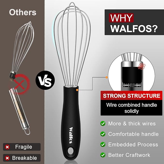 Walfos Mini Stainless Steel Whisk for Cooking - Heat Resistant Kitchen Whisks for Non-stick Cookware, Balloon Egg Beater Perfect for Blending, Whisking, Beating, Frothing & Stirring, 5+7in/12+17cm - Image 5
